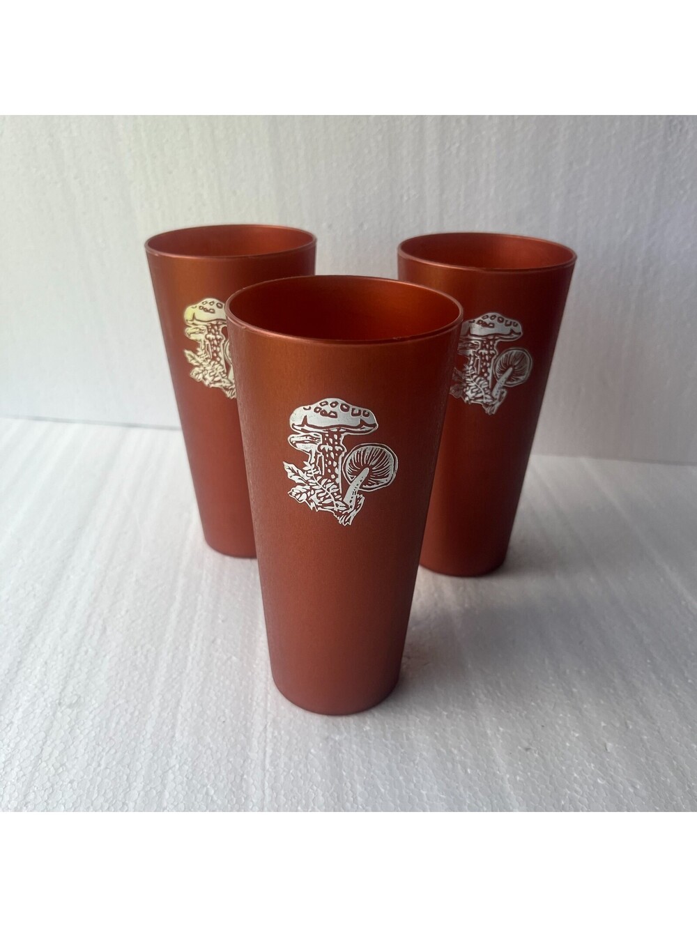 Vintage 1970s Nasco Mushroom Tumblers Set of 3 Burnt Orange Retro Plastic Cups